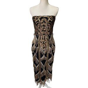 Dress The Population NWT Viviana Strapless Sequin Fringe Dress Black & Gold Sz S